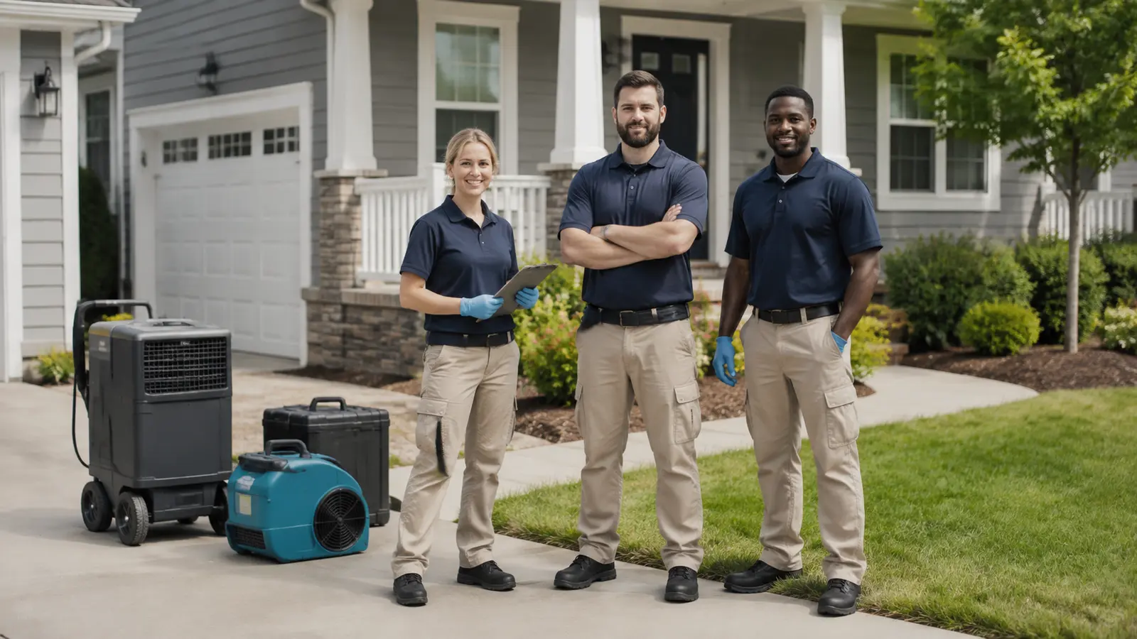 Local mold remediation team with professional HEPA and inspection equipment outside a Raleigh home