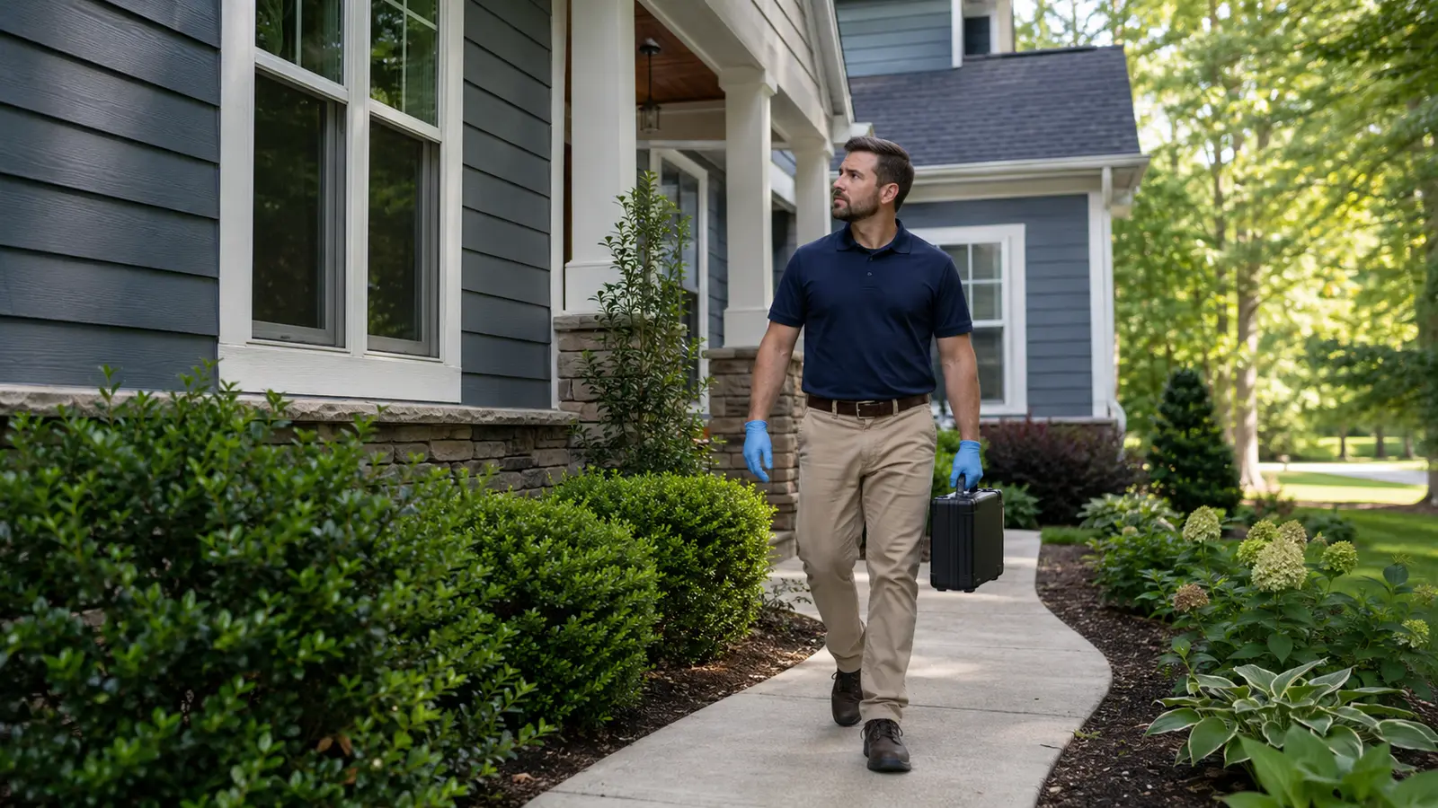 Mold inspector walking beside a landscaped suburban home in Cary North Carolina