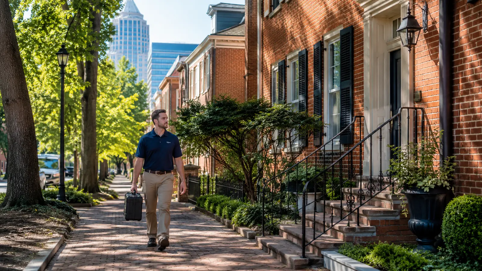 Mold inspection technician carrying equipment along a historic downtown Raleigh residential street