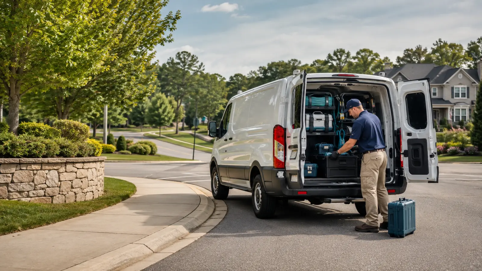Remediation technician organizing inspection equipment beside a service vehicle in a Triangle neighborhood