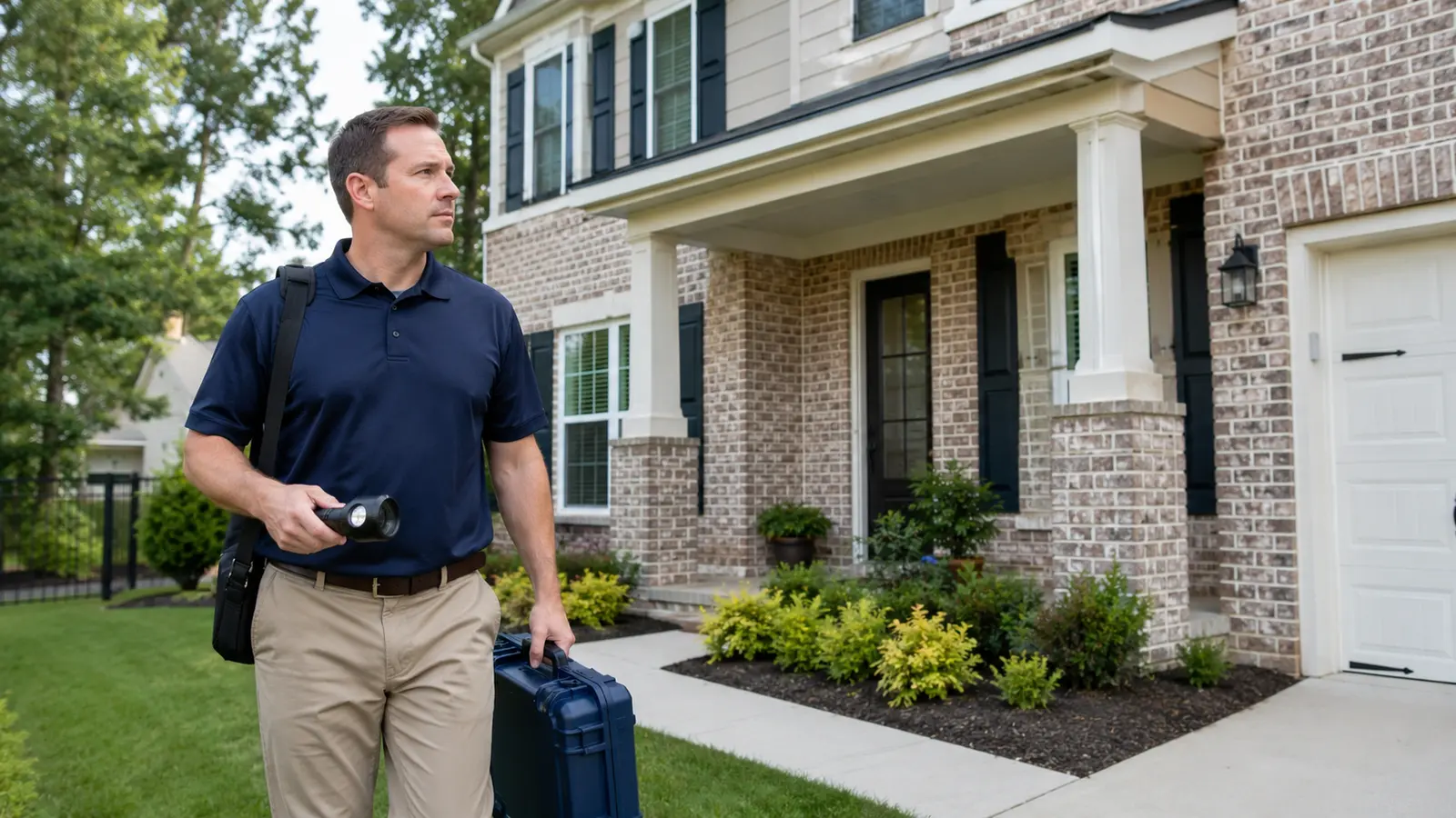 Mold inspector carrying attic inspection equipment outside a two-story Wake Forest home