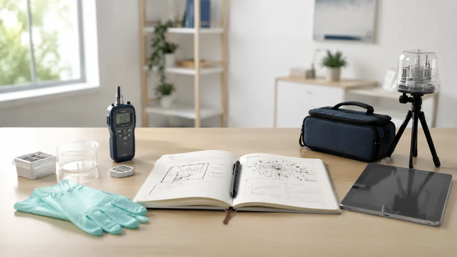 Mold inspection knowledge workspace with moisture meter air sampling tools notebook and tablet