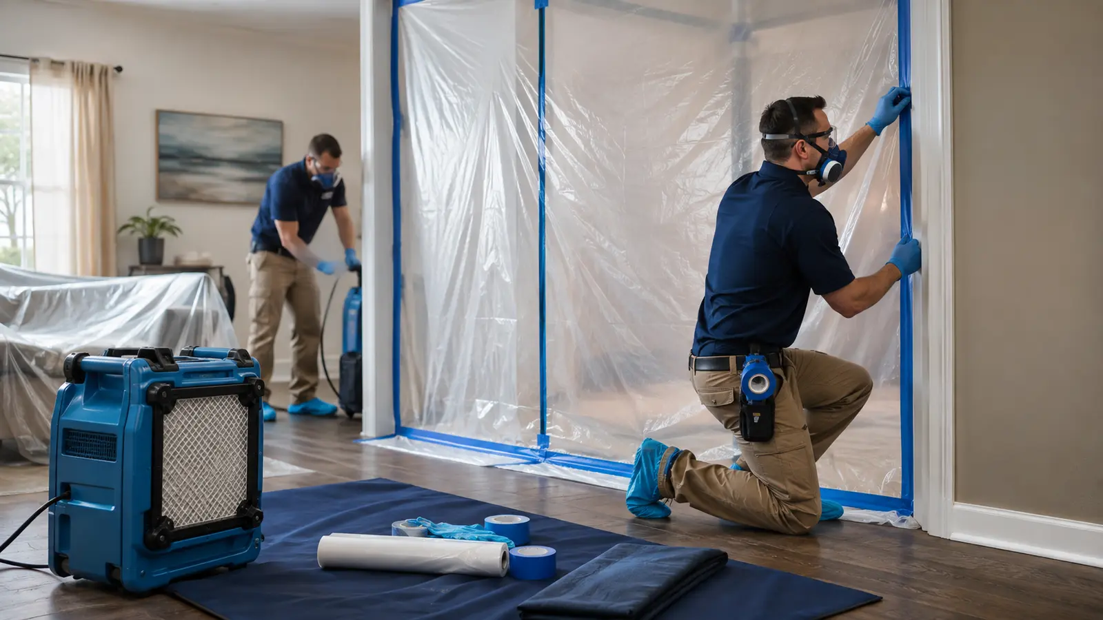 Technicians installing containment sheeting with a HEPA air scrubber for mold remediation