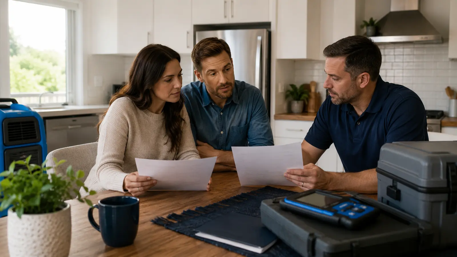 Homeowners comparing two unbranded mold remediation proposals with a local specialist