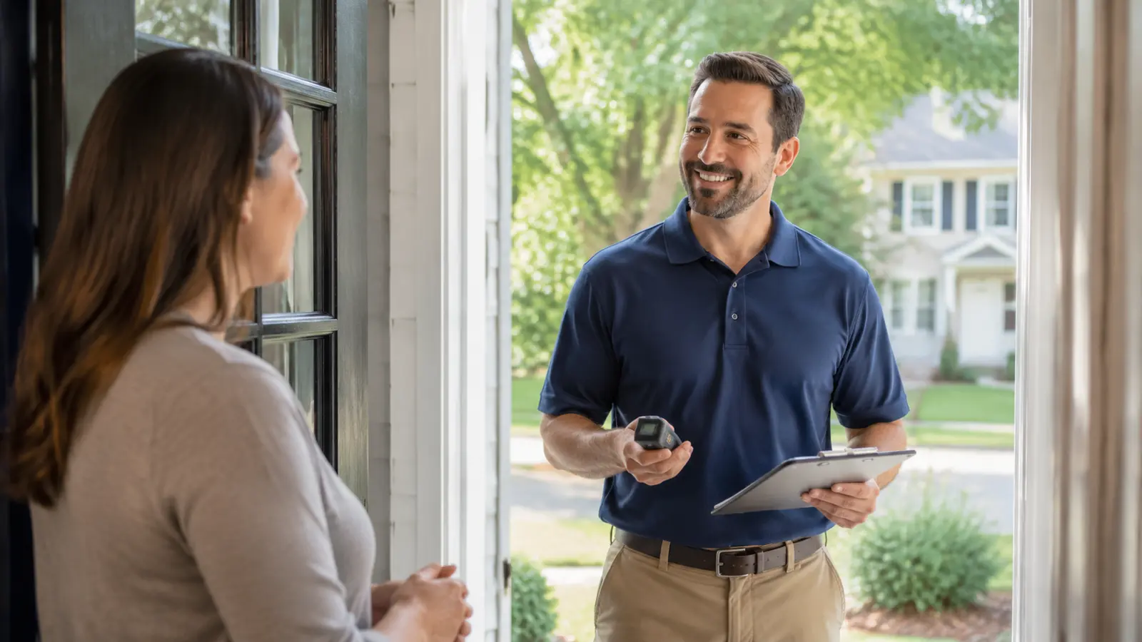 Mold inspection technician speaking with a homeowner at the front door during a consultation
