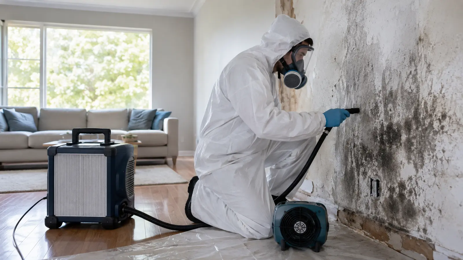 Mold remediation technician in protective equipment treating an affected wall with HEPA filtration