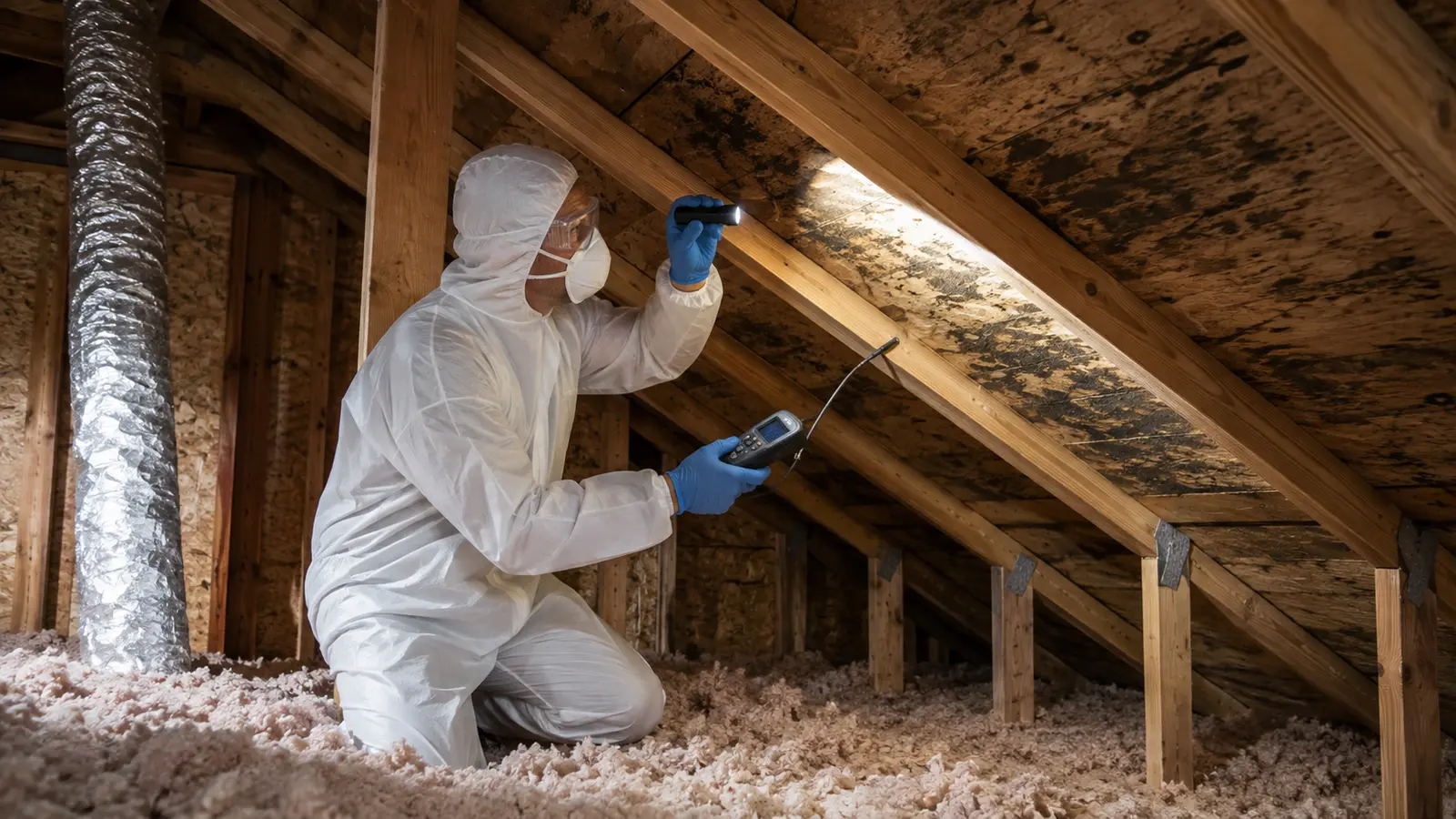 Protected technician inspecting moisture and mold staining on wooden roof sheathing in an attic