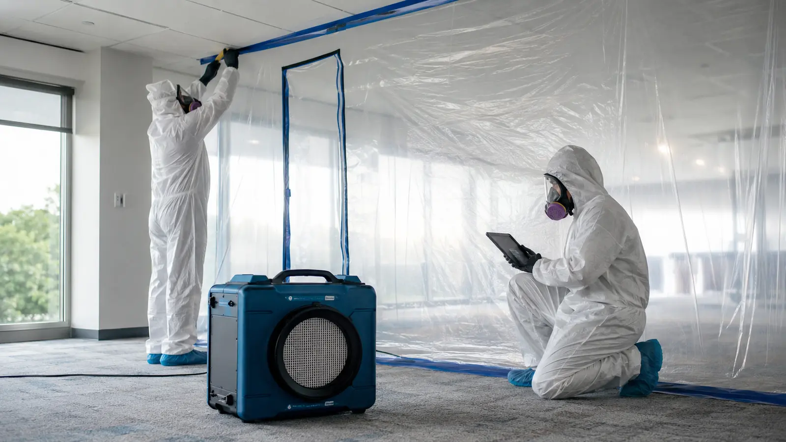 Remediation technicians installing containment and HEPA equipment in a modern commercial office
