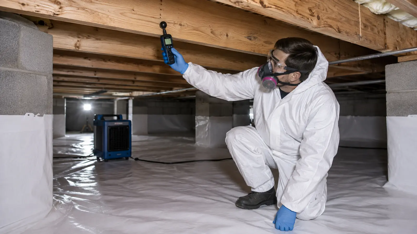 Protected technician measuring moisture on wooden floor joists in a sealed crawl space