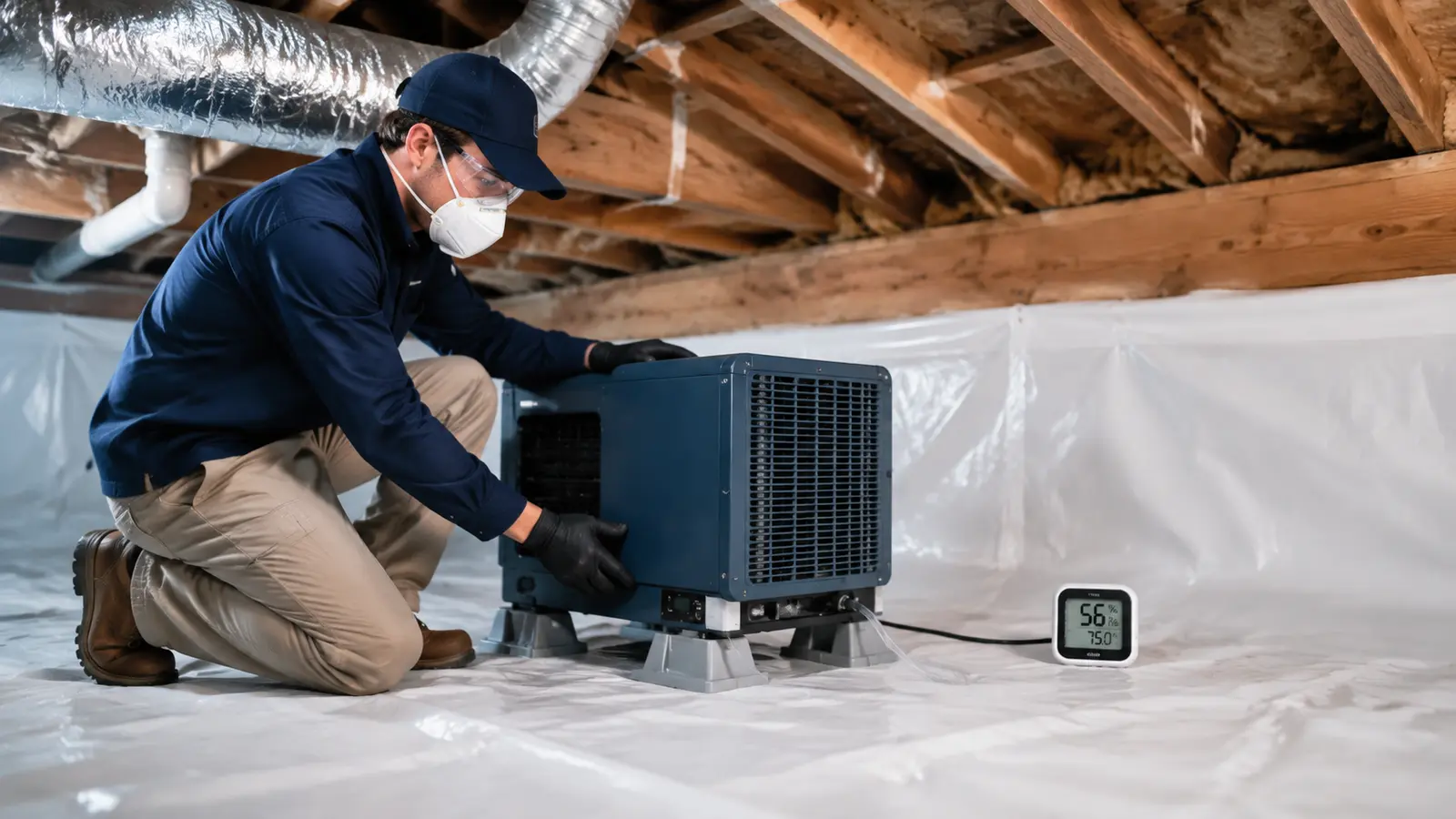 Technician installing a crawl space dehumidifier beside a sealed vapor barrier
