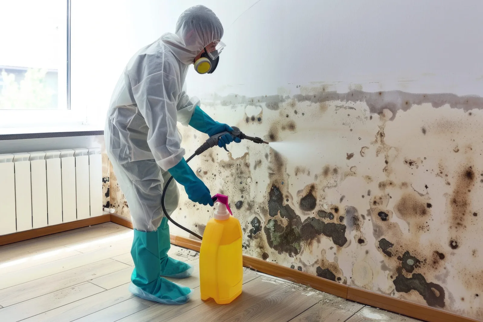 Mold remediation technician treating mold growth on a moisture-damaged interior wall