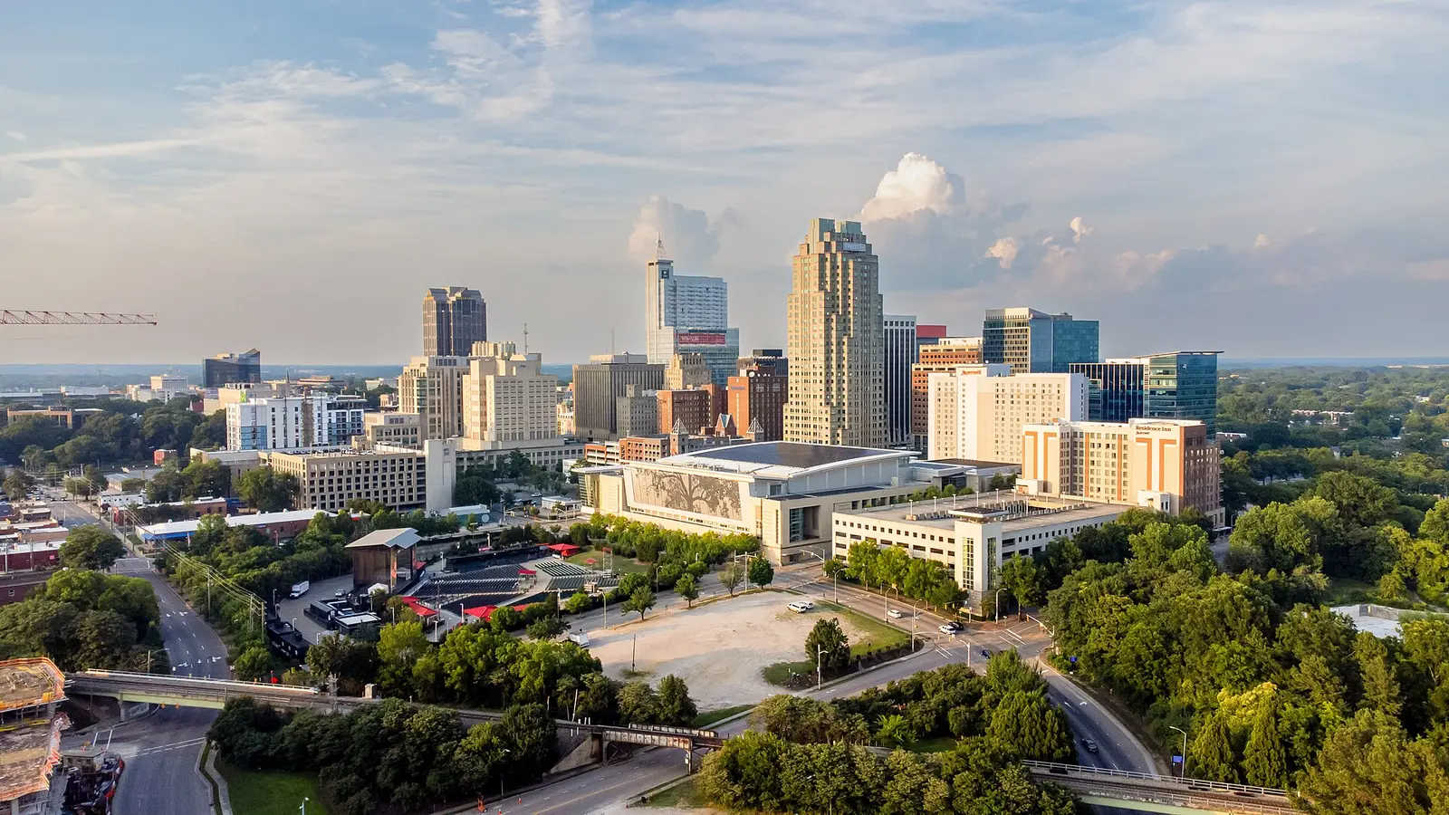 Downtown Raleigh skyline and surrounding green neighborhoods in North Carolina