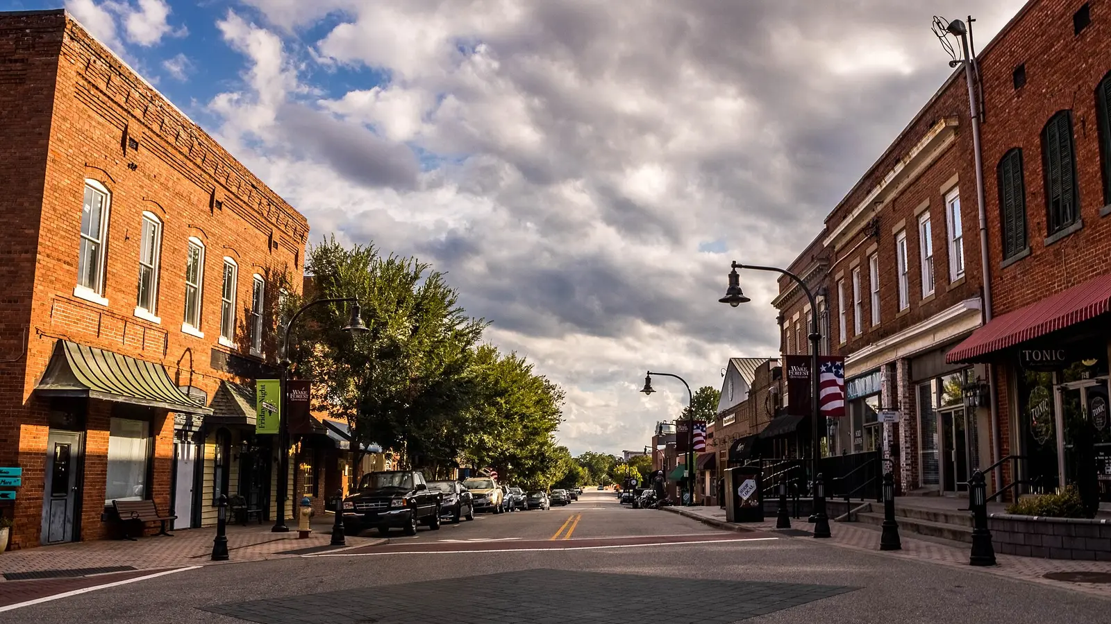 Historic storefronts along White Street in downtown Wake Forest North Carolina