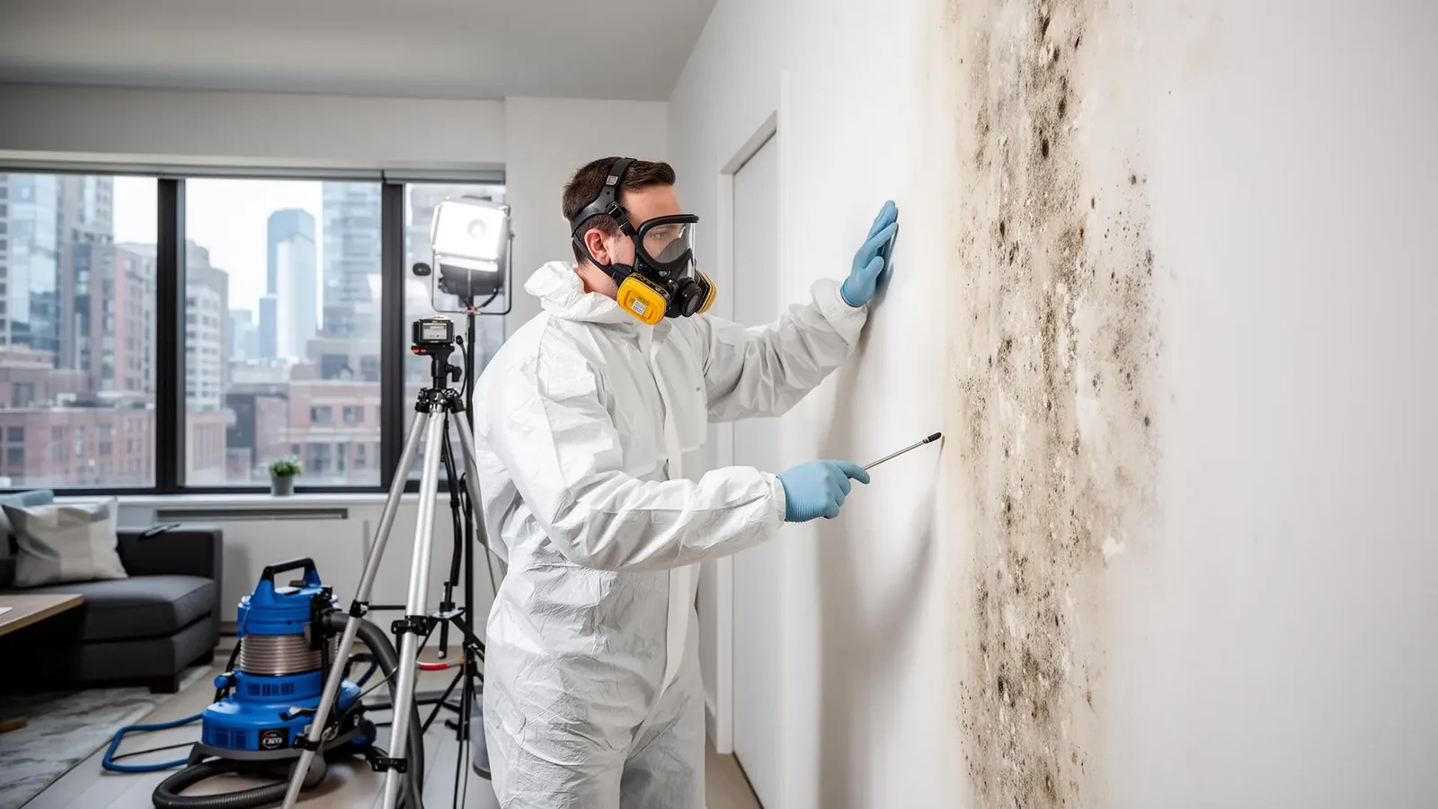 Mold remediation technician assessing an affected wall before treatment